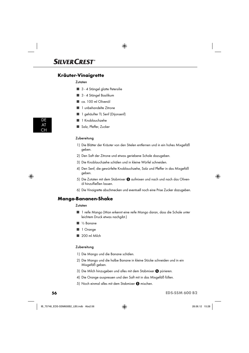 Kräuter-vinaigrette, Mango-bananen-shake, De at ch | Silvercrest EDS-SSM 600 B2 User Manual | Page 58 / 58