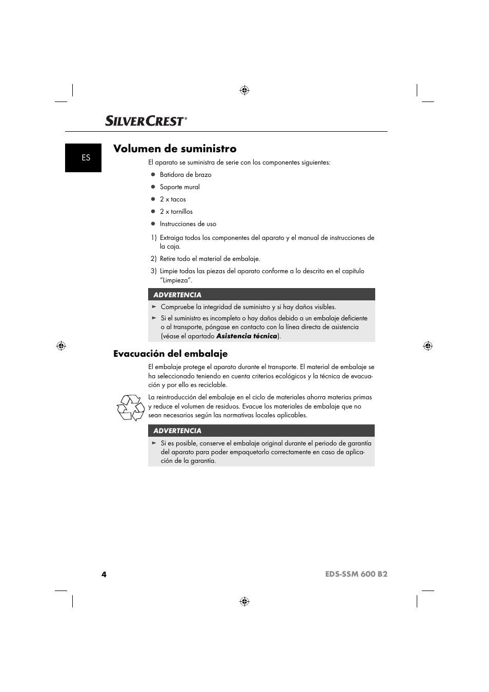 Volumen de suministro, Evacuación del embalaje | Silvercrest EDS-SSM 600 B2 User Manual | Page 6 / 58