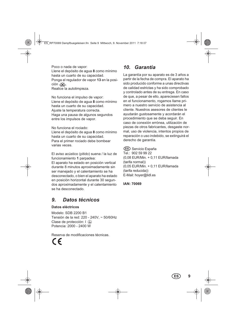 Datos técnicos, Garantía | Silvercrest SDB 2200 B1 User Manual | Page 11 / 46