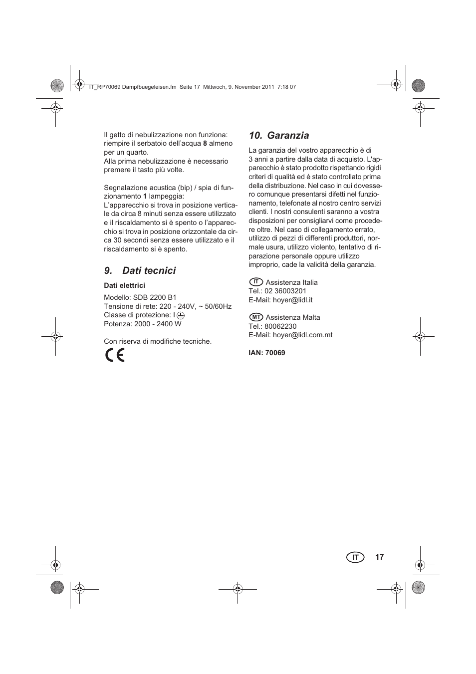 Dati tecnici, Garanzia | Silvercrest SDB 2200 B1 User Manual | Page 19 / 46