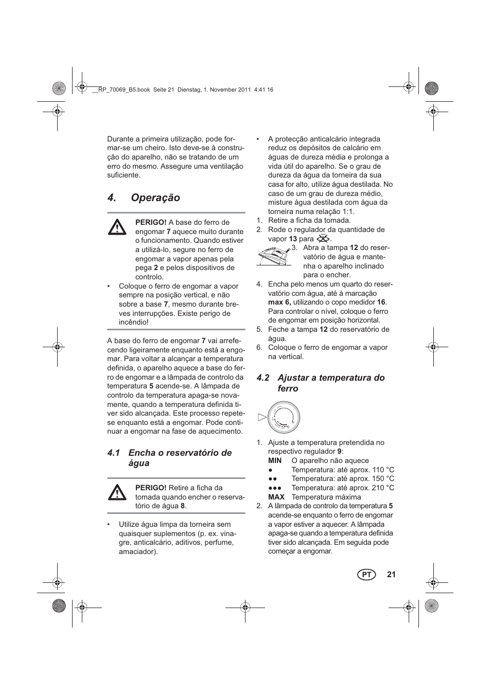 Operação, 1 encha o reservatório de água, 2 ajustar a temperatura do ferro | Silvercrest SDB 2200 B1 User Manual | Page 23 / 46