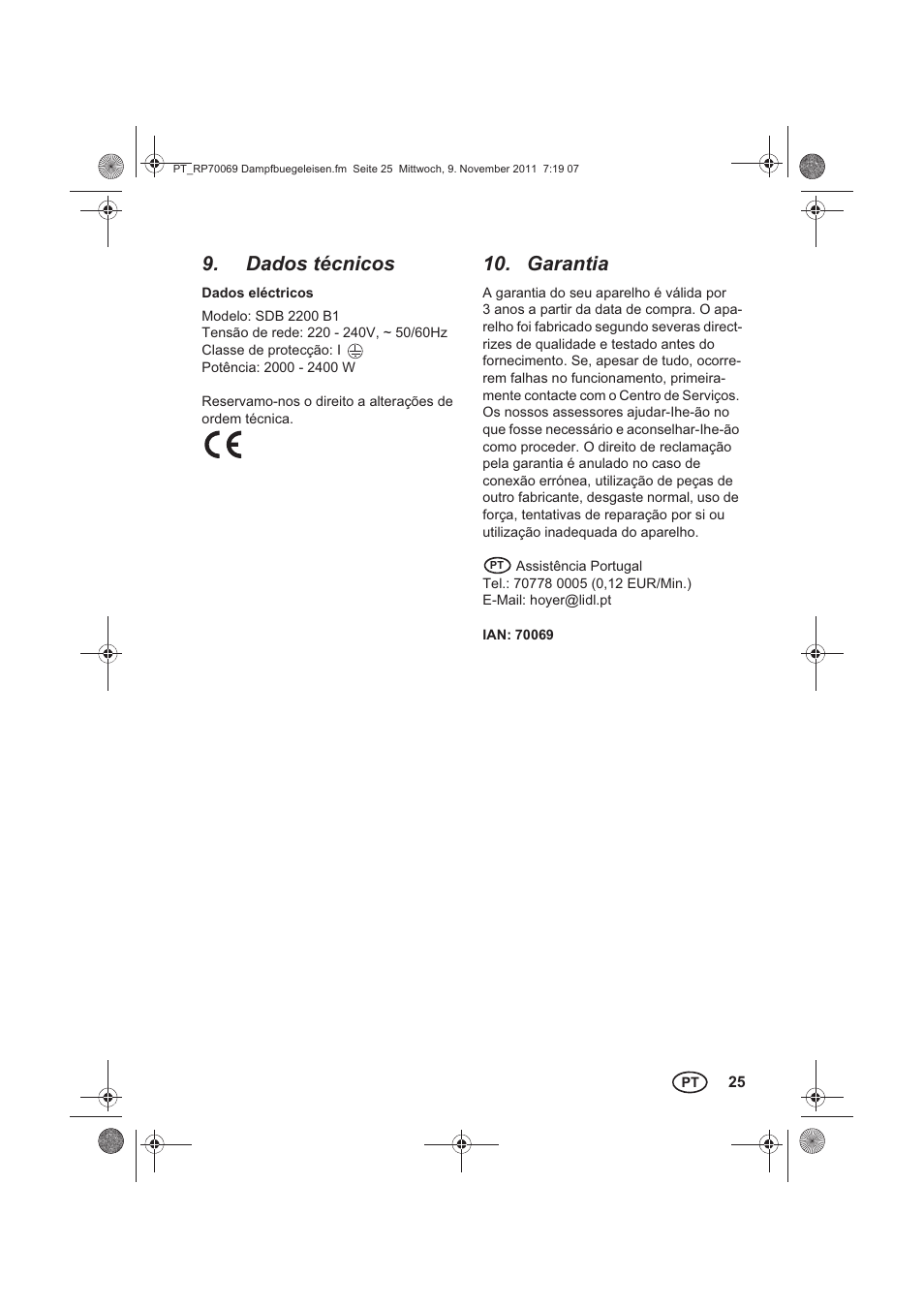 Dados técnicos, Garantia | Silvercrest SDB 2200 B1 User Manual | Page 27 / 46