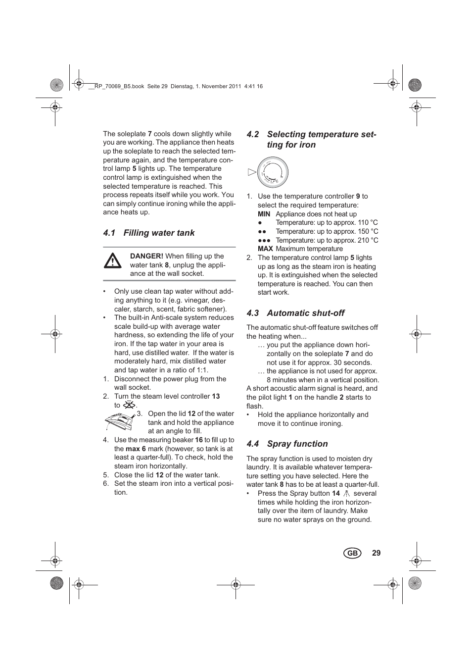 1 filling water tank, 2 selecting temperature set- ting for iron, 3 automatic shut-off | 4 spray function | Silvercrest SDB 2200 B1 User Manual | Page 31 / 46