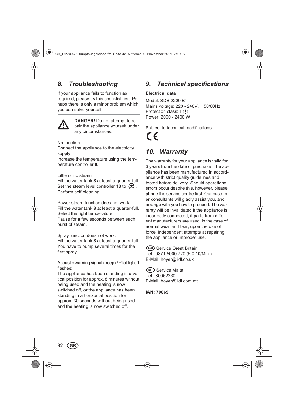 Troubleshooting, Technical specifications, Warranty | Silvercrest SDB 2200 B1 User Manual | Page 34 / 46