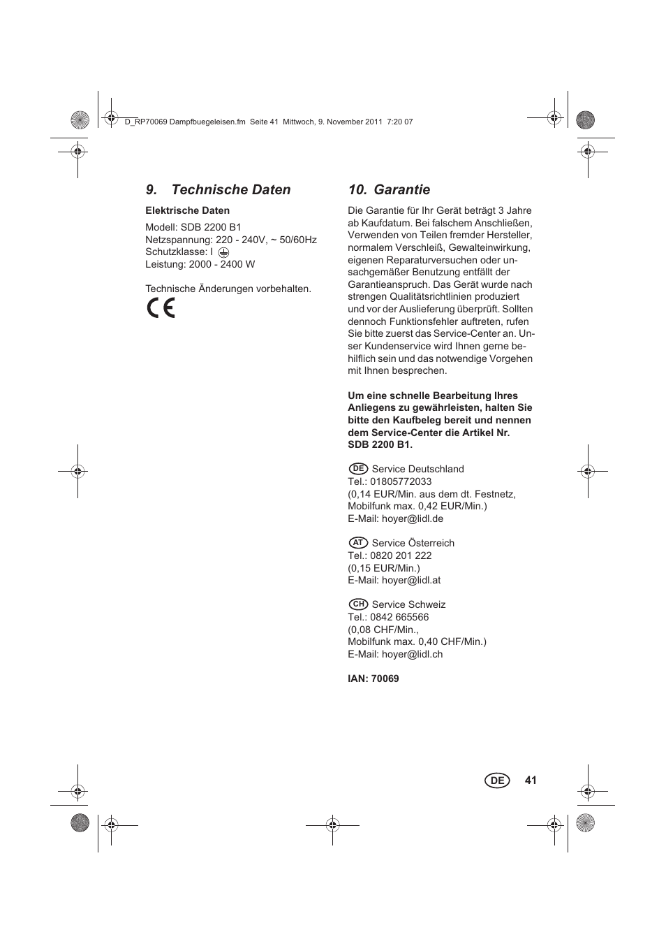 Technische daten, Garantie | Silvercrest SDB 2200 B1 User Manual | Page 43 / 46