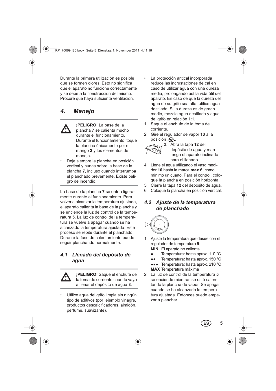 Manejo, 1 llenado del depósito de agua, 2 ajuste de la temperatura de planchado | Silvercrest SDB 2200 B1 User Manual | Page 7 / 46