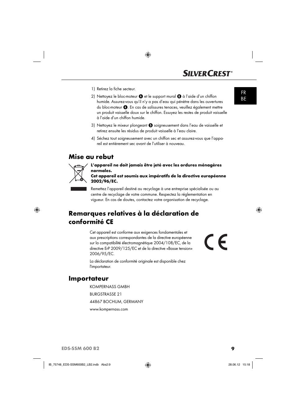 Mise au rebut, Importateur, Fr be | Silvercrest EDS-SSM 600 B2 User Manual | Page 11 / 58