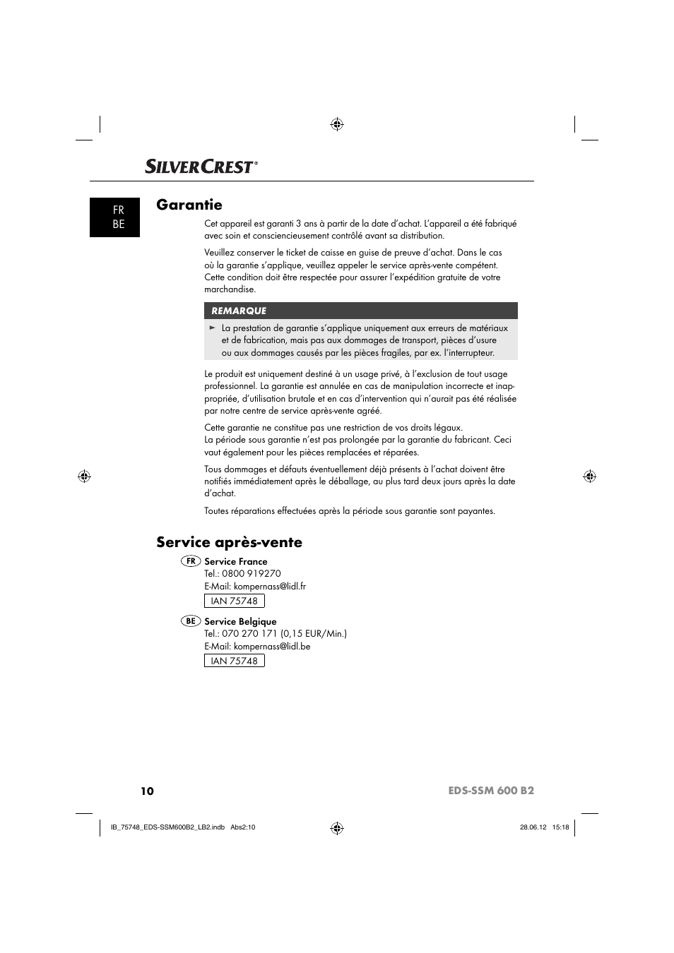 Garantie, Service après-vente, Fr be | Silvercrest EDS-SSM 600 B2 User Manual | Page 12 / 58