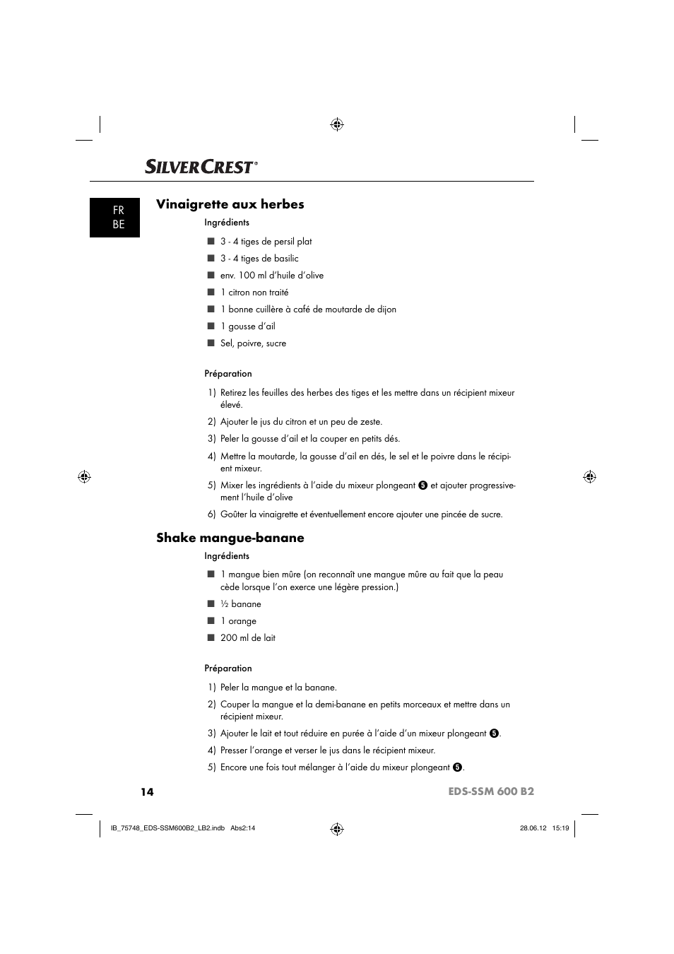 Vinaigrette aux herbes, Shake mangue-banane, Fr be | Silvercrest EDS-SSM 600 B2 User Manual | Page 16 / 58