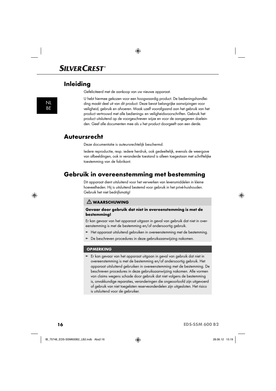 Inleiding, Auteursrecht, Gebruik in overeenstemming met bestemming | Nl be | Silvercrest EDS-SSM 600 B2 User Manual | Page 18 / 58