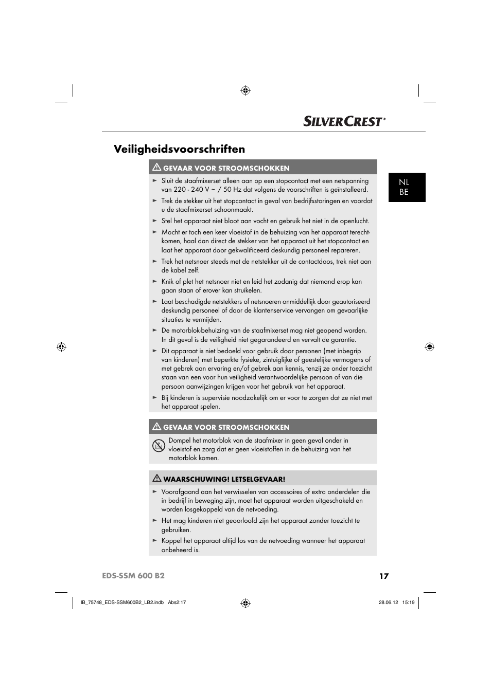 Veiligheidsvoorschriften, Nl be | Silvercrest EDS-SSM 600 B2 User Manual | Page 19 / 58