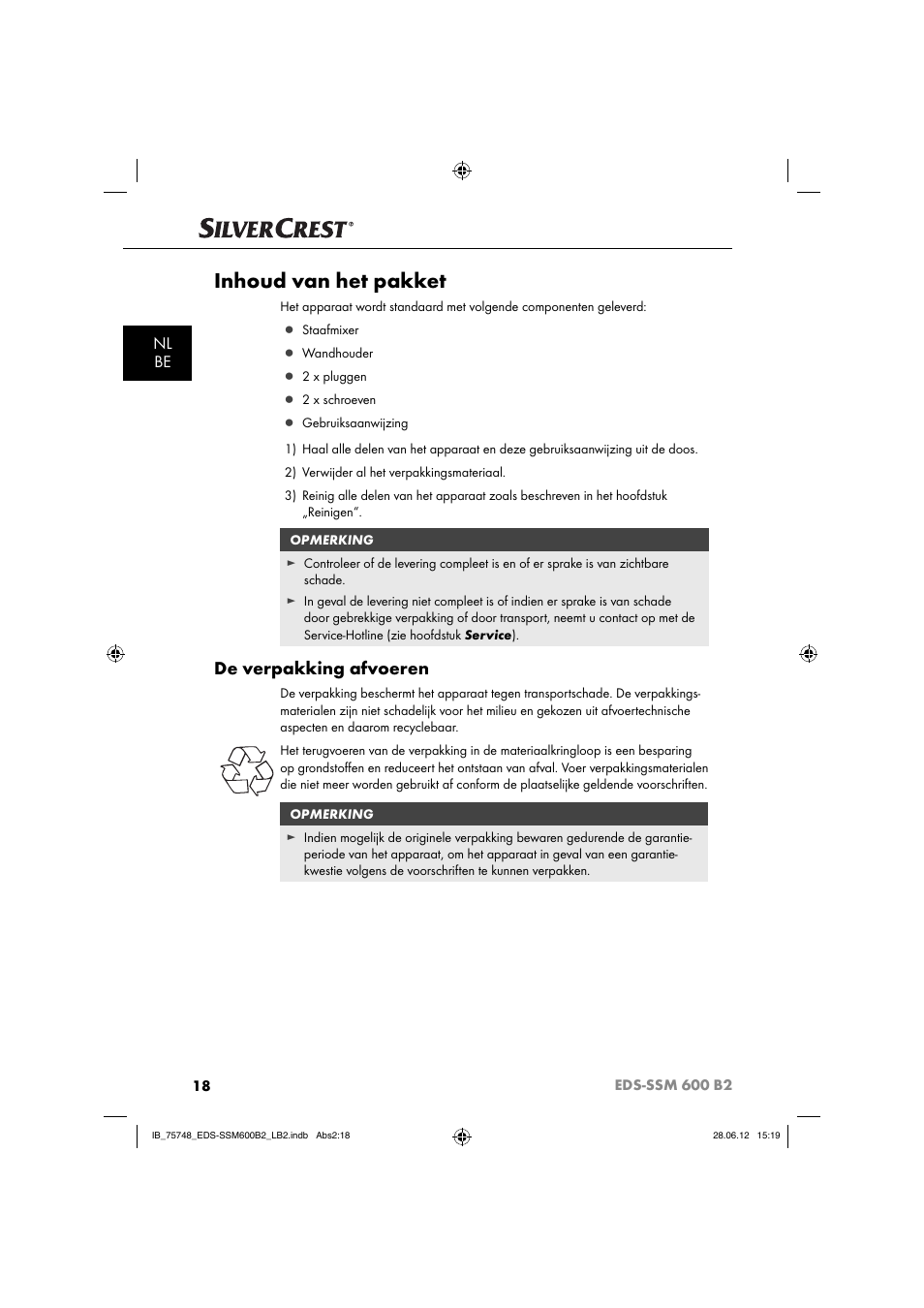 Inhoud van het pakket, De verpakking afvoeren, Nl be | Silvercrest EDS-SSM 600 B2 User Manual | Page 20 / 58
