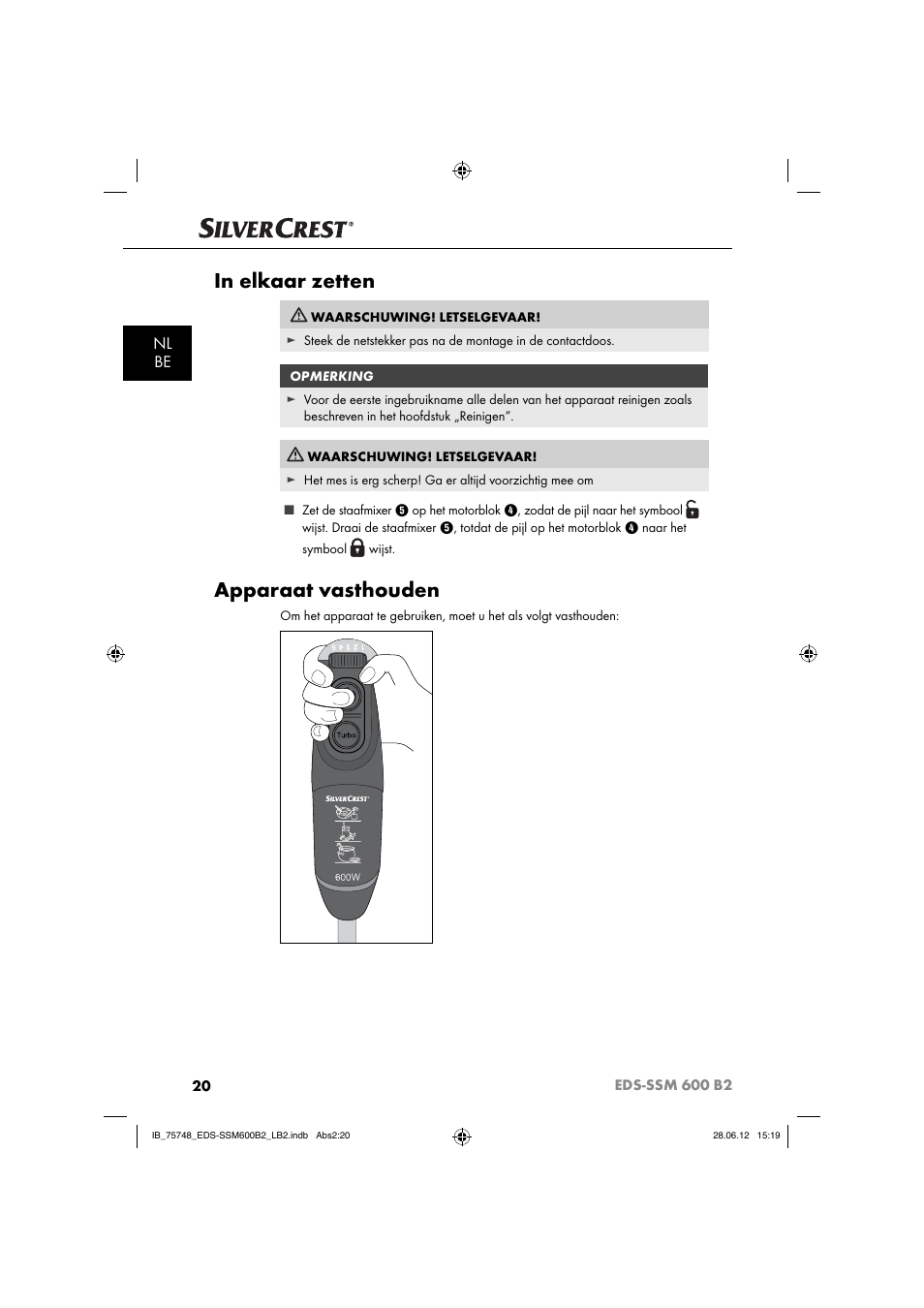 Apparaat vasthouden, Nl be | Silvercrest EDS-SSM 600 B2 User Manual | Page 22 / 58