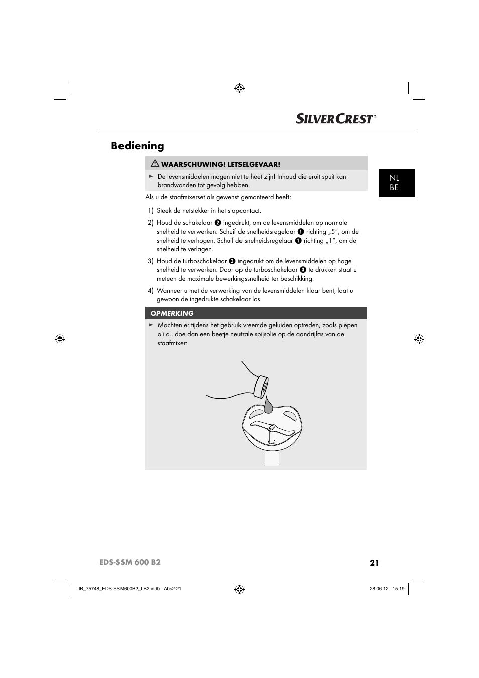 Bediening, Nl be | Silvercrest EDS-SSM 600 B2 User Manual | Page 23 / 58
