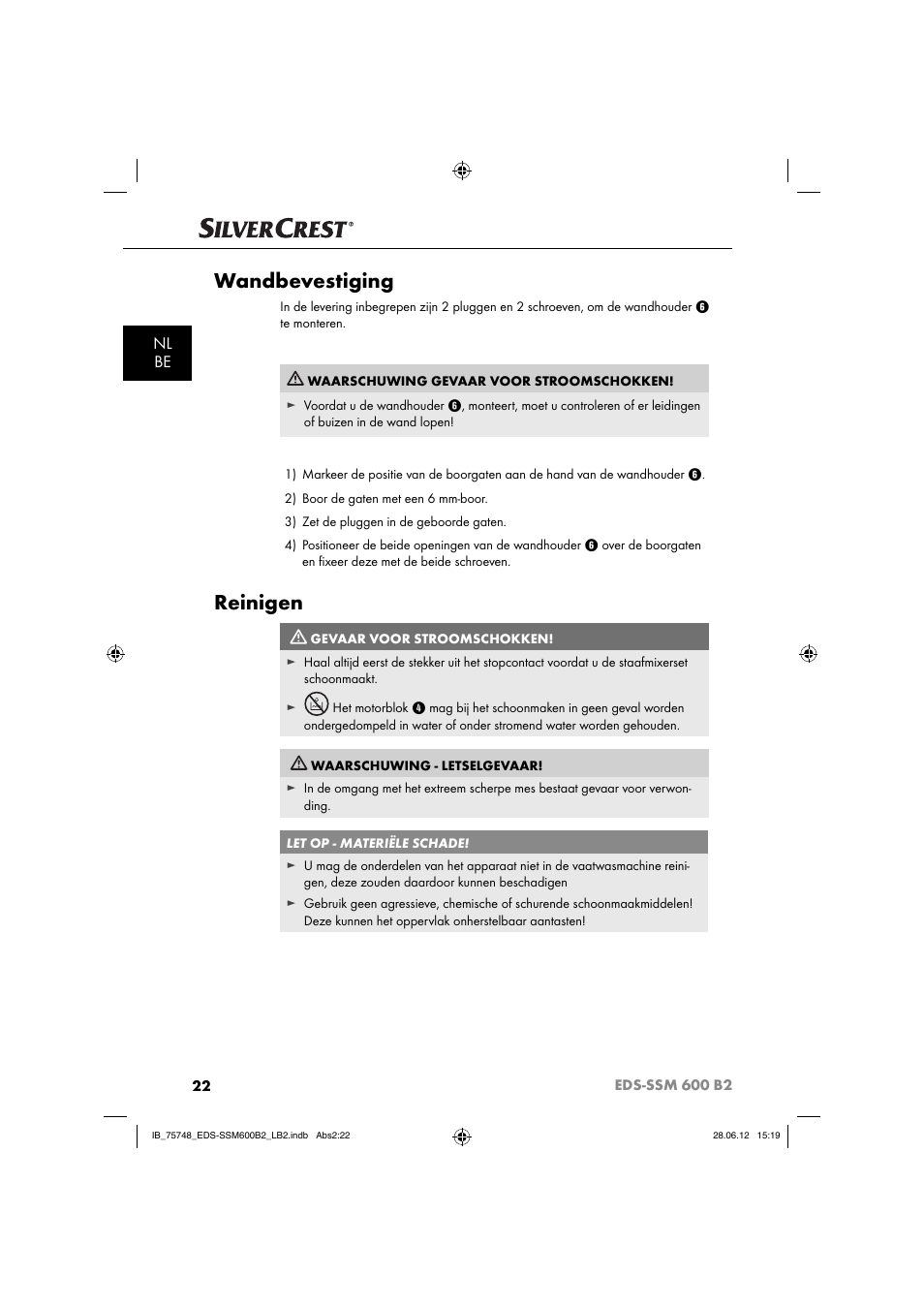 Wandbevestiging, Reinigen, Nl be | Silvercrest EDS-SSM 600 B2 User Manual | Page 24 / 58