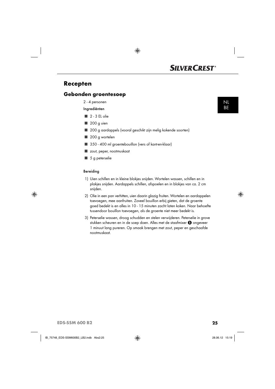 Recepten, Gebonden groentesoep, Nl be | Silvercrest EDS-SSM 600 B2 User Manual | Page 27 / 58