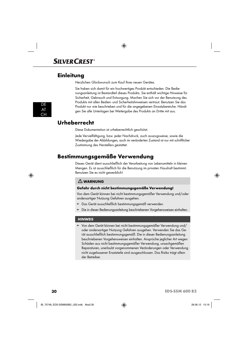 Einleitung, Urheberrecht, Bestimmungsgemäße verwendung | De at ch | Silvercrest EDS-SSM 600 B2 User Manual | Page 32 / 58