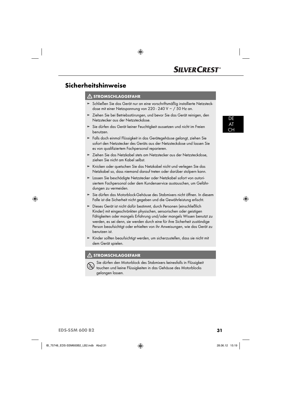 Sicherheitshinweise, De at ch | Silvercrest EDS-SSM 600 B2 User Manual | Page 33 / 58