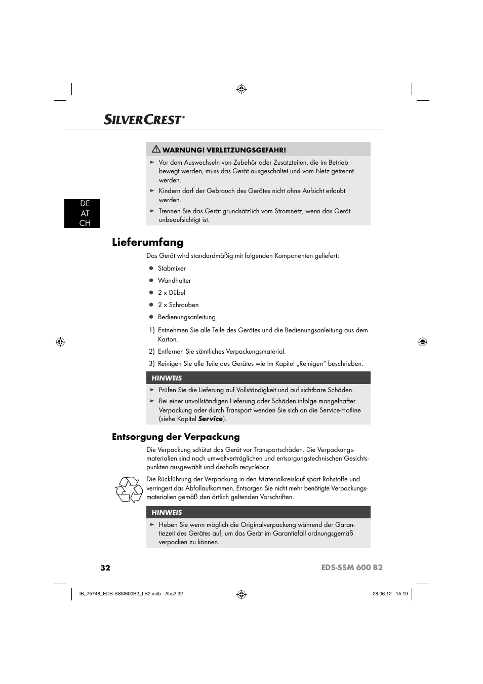 Lieferumfang, Entsorgung der verpackung, De at ch | Silvercrest EDS-SSM 600 B2 User Manual | Page 34 / 58