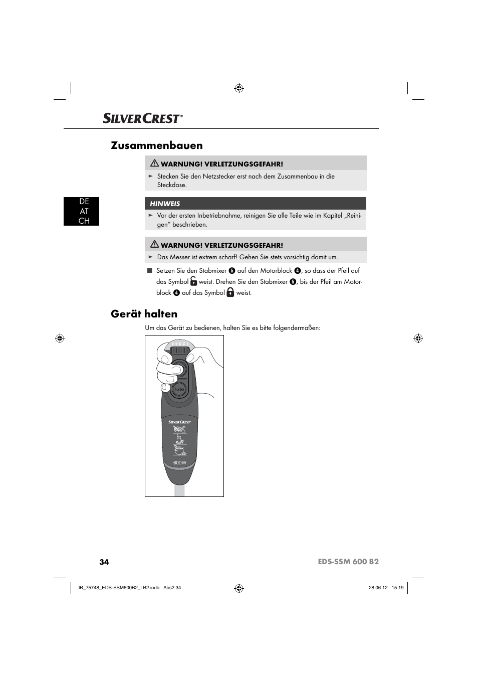 Zusammenbauen, Gerät halten, De at ch | Silvercrest EDS-SSM 600 B2 User Manual | Page 36 / 58
