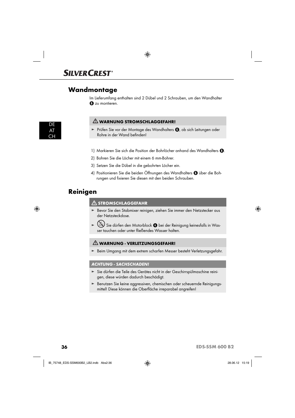 Wandmontage, Reinigen, De at ch | Silvercrest EDS-SSM 600 B2 User Manual | Page 38 / 58