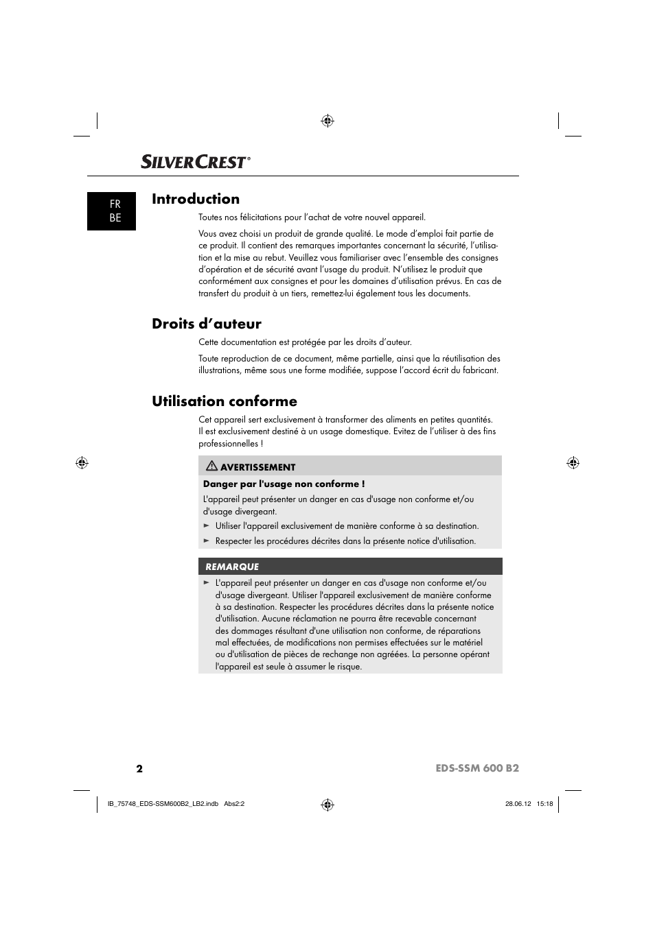 Introduction, Droits d’auteur, Utilisation conforme | Fr be | Silvercrest EDS-SSM 600 B2 User Manual | Page 4 / 58