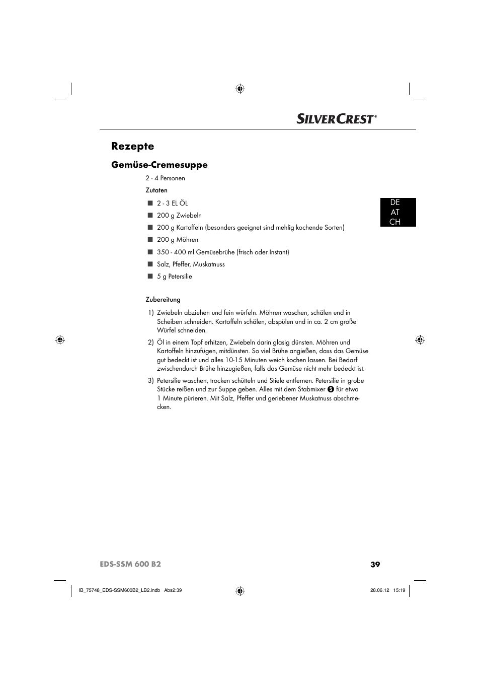 Rezepte, Gemüse-cremesuppe, De at ch | Silvercrest EDS-SSM 600 B2 User Manual | Page 41 / 58