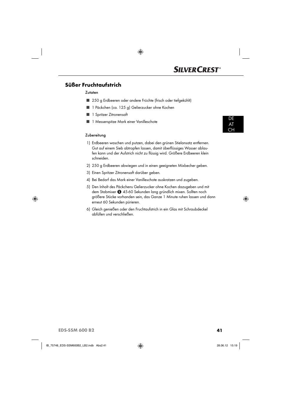 Süßer fruchtaufstrich, De at ch | Silvercrest EDS-SSM 600 B2 User Manual | Page 43 / 58
