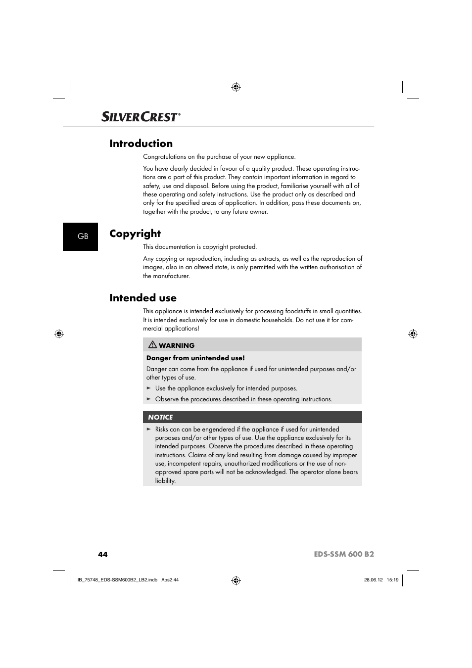 Introduction, Copyright, Intended use | Silvercrest EDS-SSM 600 B2 User Manual | Page 46 / 58