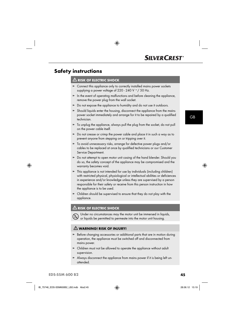 Safety instructions | Silvercrest EDS-SSM 600 B2 User Manual | Page 47 / 58