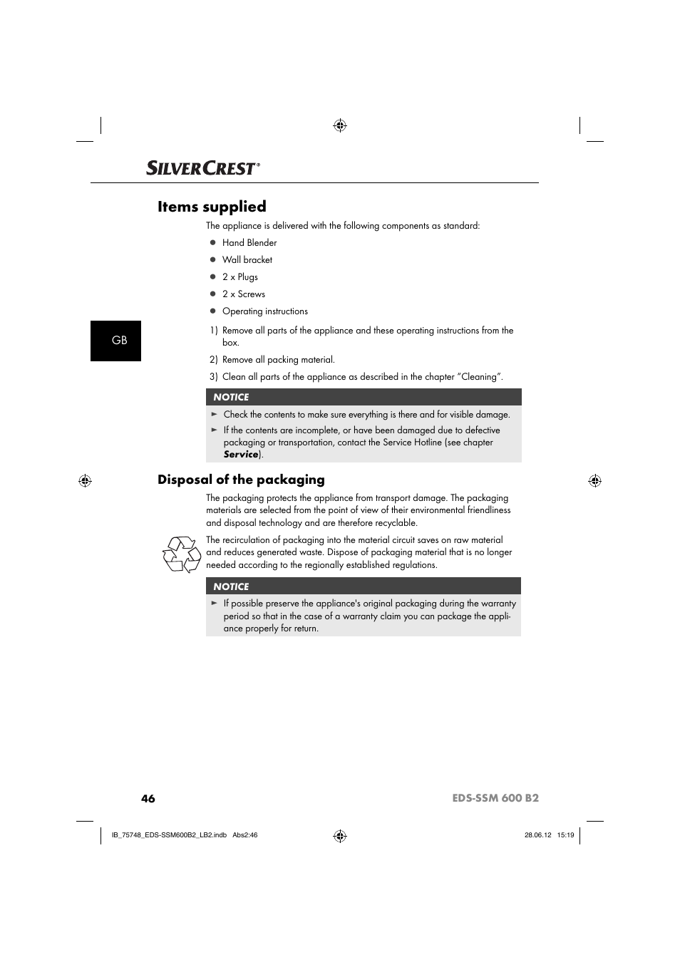 Items supplied, Disposal of the packaging | Silvercrest EDS-SSM 600 B2 User Manual | Page 48 / 58