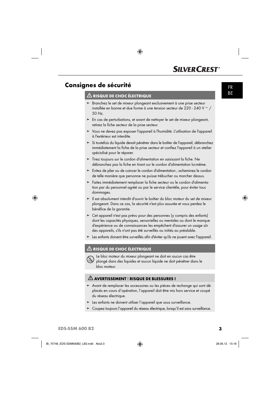 Consignes de sécurité, Fr be | Silvercrest EDS-SSM 600 B2 User Manual | Page 5 / 58