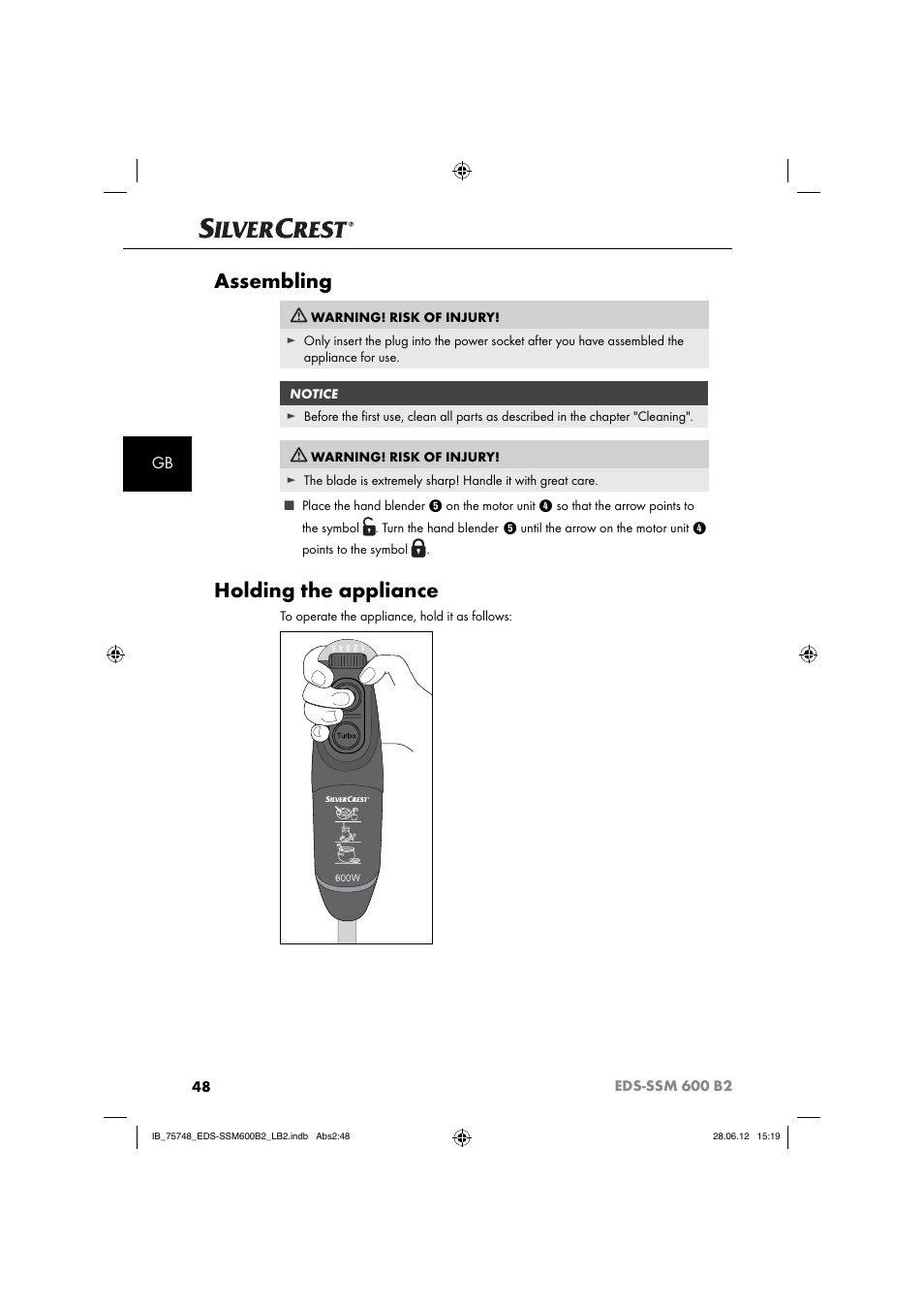 Assembling, Holding the appliance | Silvercrest EDS-SSM 600 B2 User Manual | Page 50 / 58