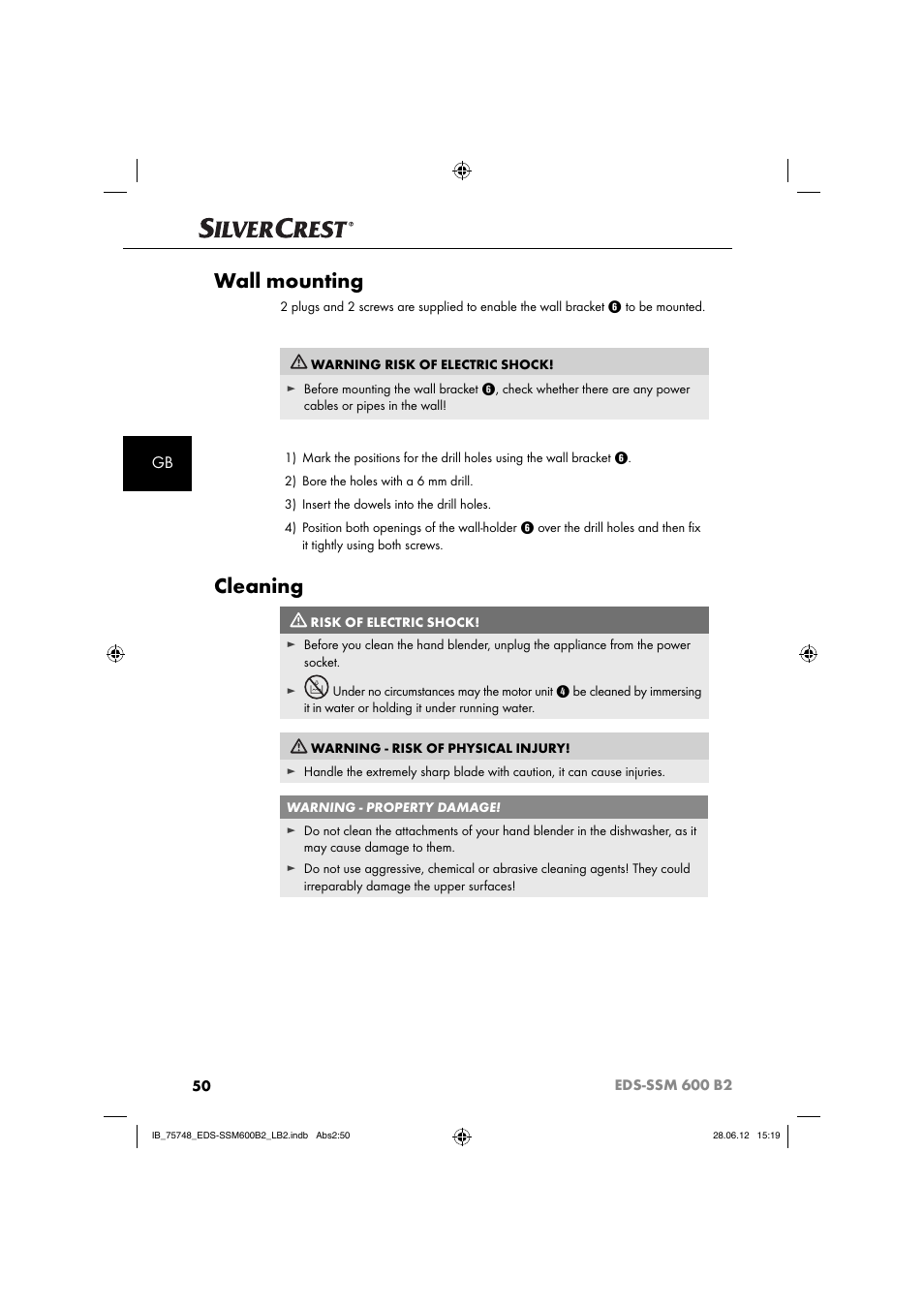 Wall mounting, Cleaning | Silvercrest EDS-SSM 600 B2 User Manual | Page 52 / 58