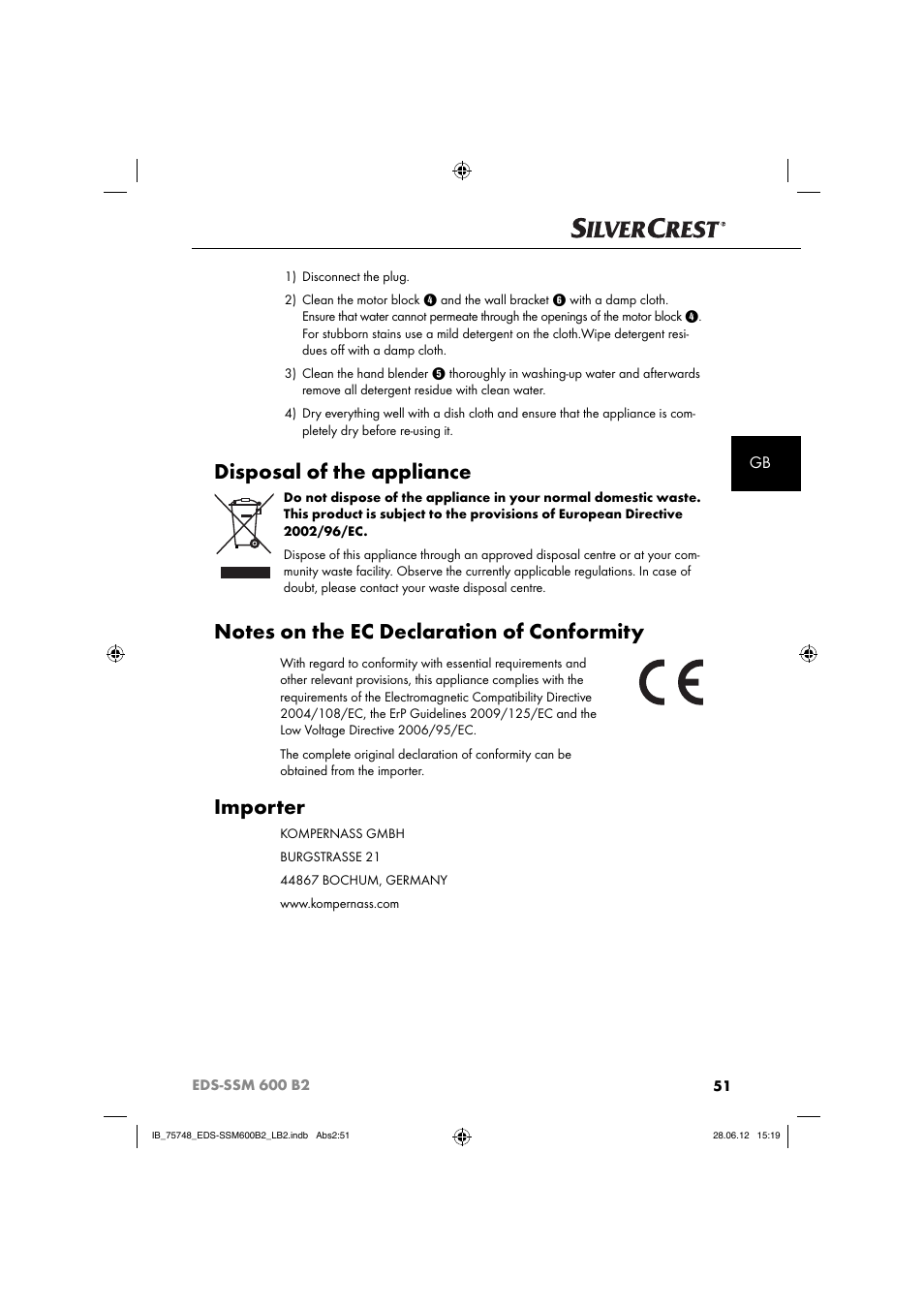 Disposal of the appliance, Importer | Silvercrest EDS-SSM 600 B2 User Manual | Page 53 / 58