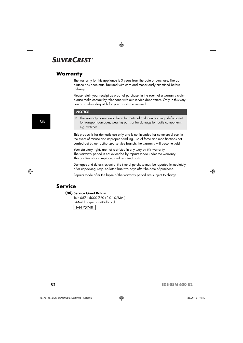 Warranty, Service | Silvercrest EDS-SSM 600 B2 User Manual | Page 54 / 58