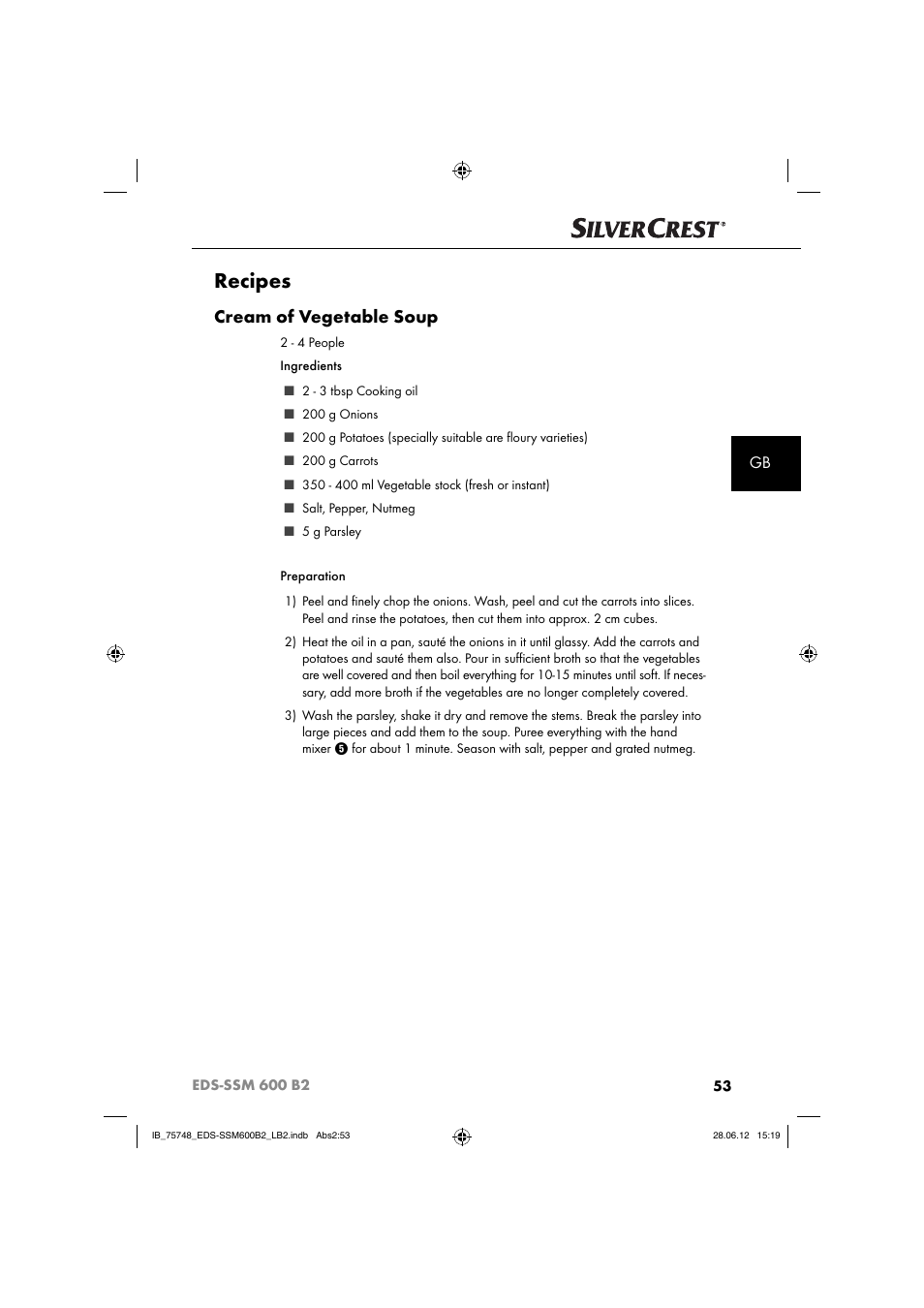 Recipes, Cream of vegetable soup | Silvercrest EDS-SSM 600 B2 User Manual | Page 55 / 58