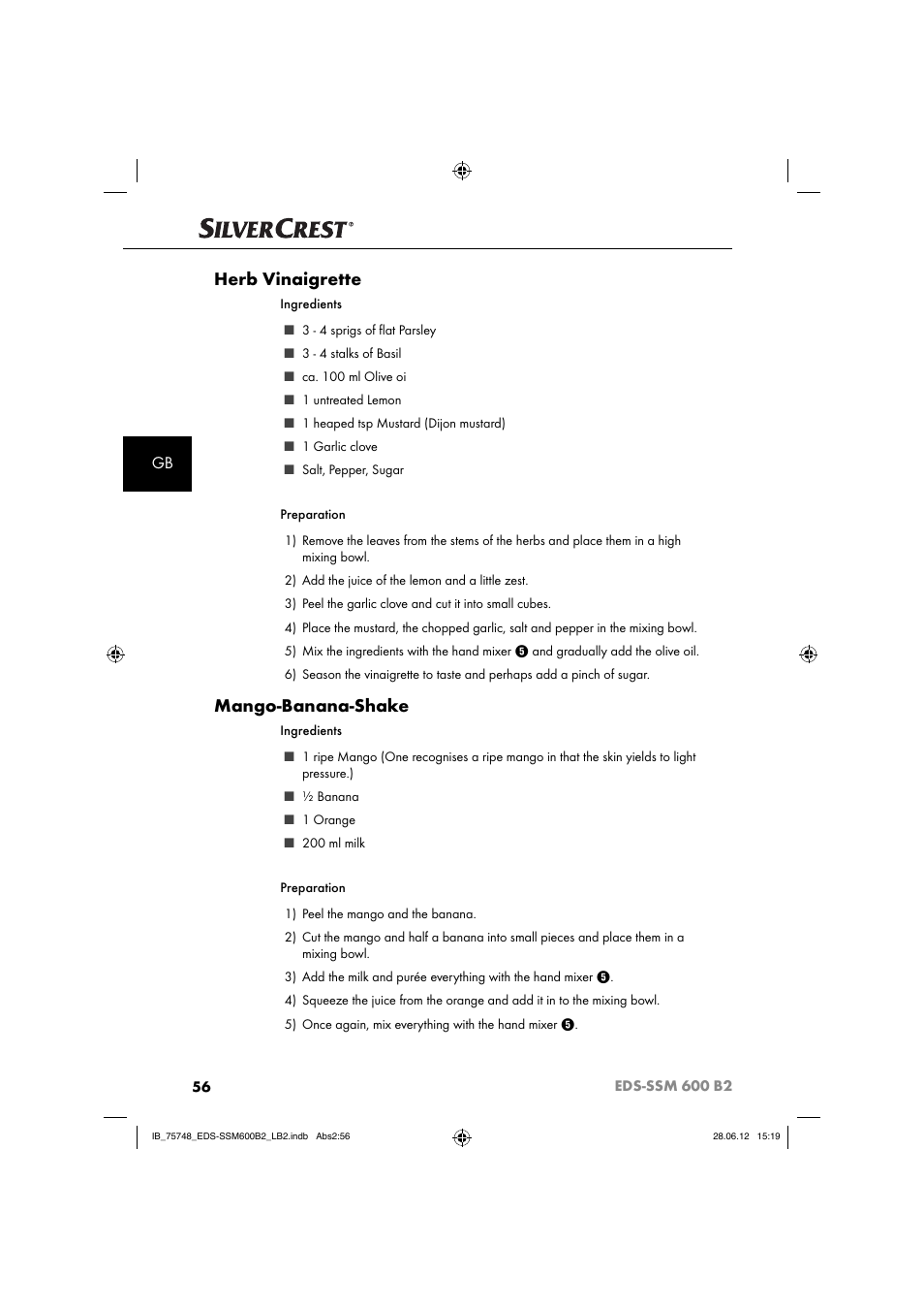 Herb vinaigrette, Mango-banana-shake | Silvercrest EDS-SSM 600 B2 User Manual | Page 58 / 58