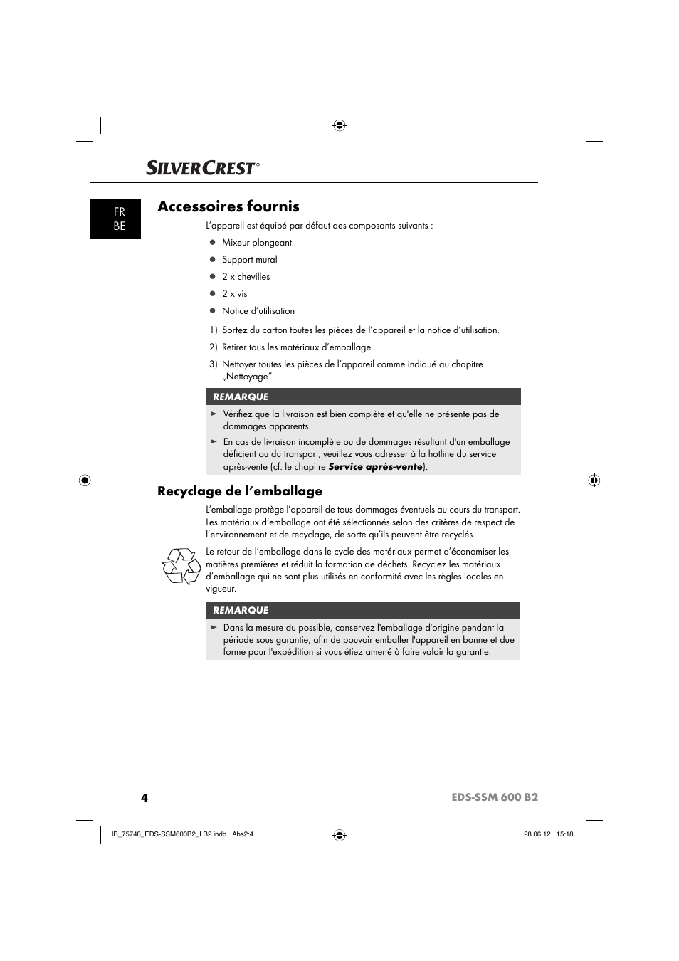 Accessoires fournis, Recyclage de l’emballage, Fr be | Silvercrest EDS-SSM 600 B2 User Manual | Page 6 / 58