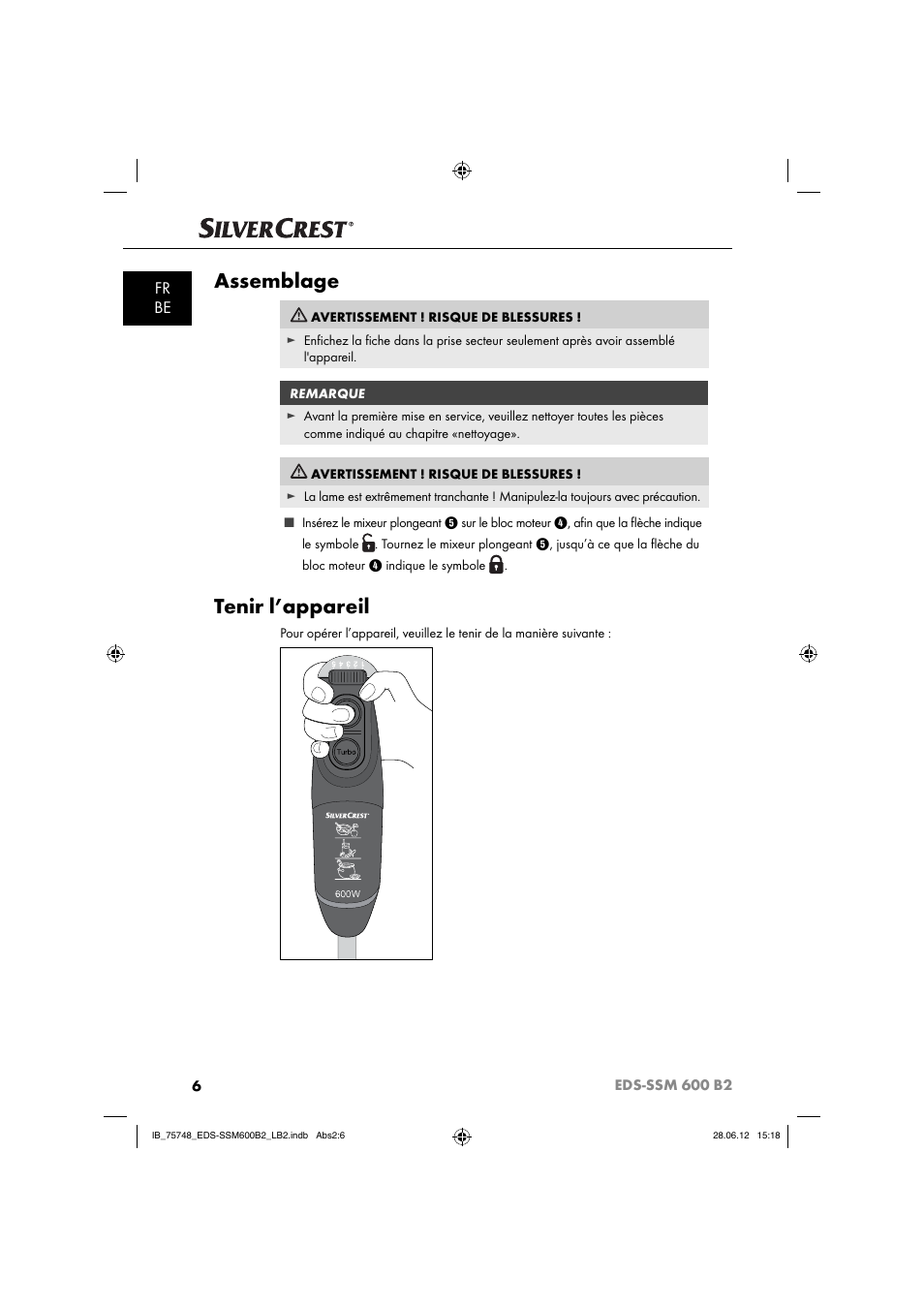 Assemblage, Tenir l’appareil, Fr be | Silvercrest EDS-SSM 600 B2 User Manual | Page 8 / 58