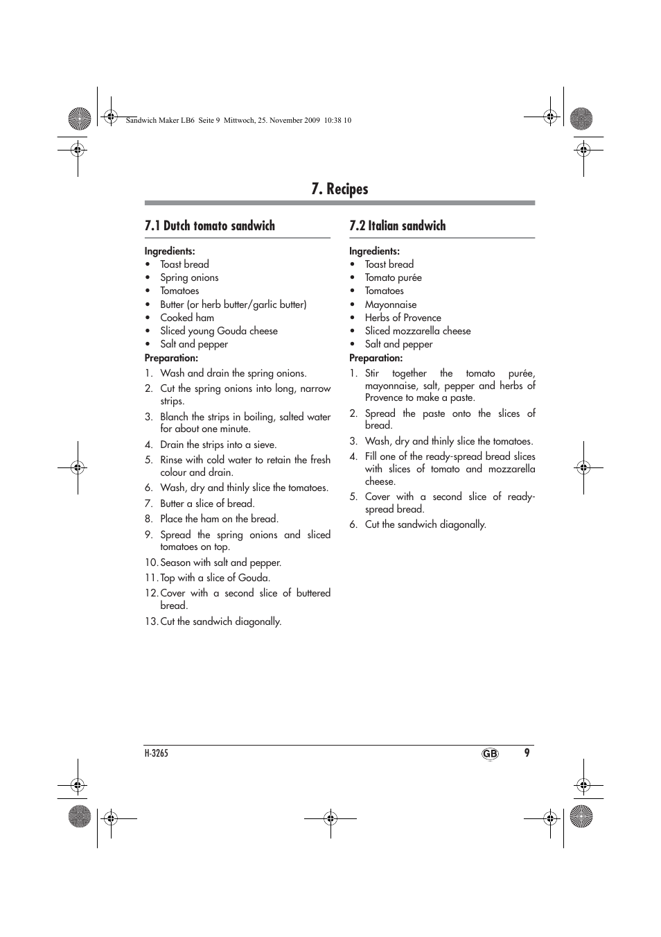 Recipes, 1 dutch tomato sandwich, 2 italian sandwich | Silvercrest H-3265 User Manual | Page 11 / 14
