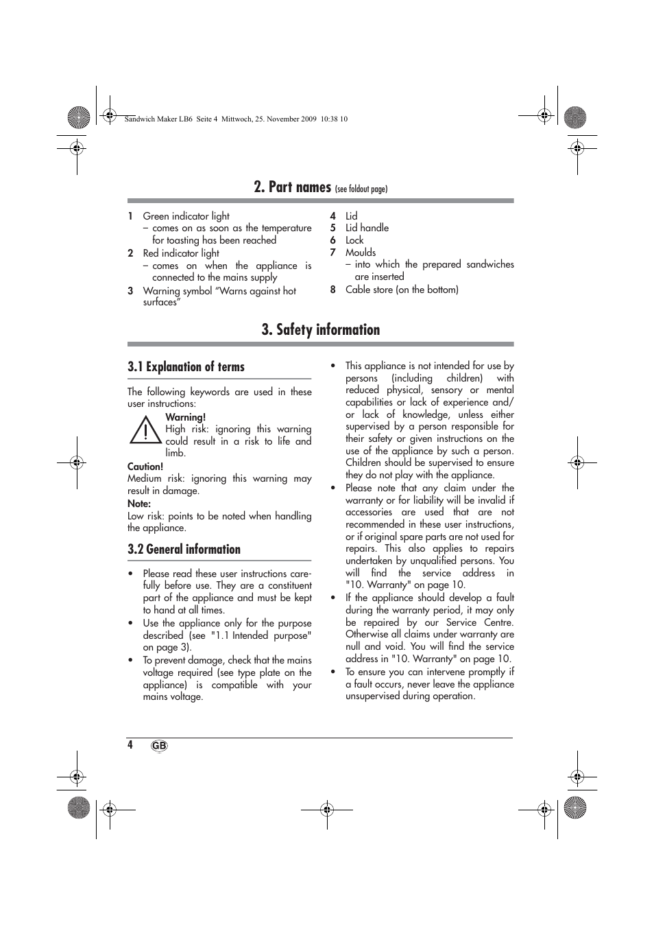 Part names, Safety information, 1 explanation of terms | 2 general information | Silvercrest H-3265 User Manual | Page 6 / 14