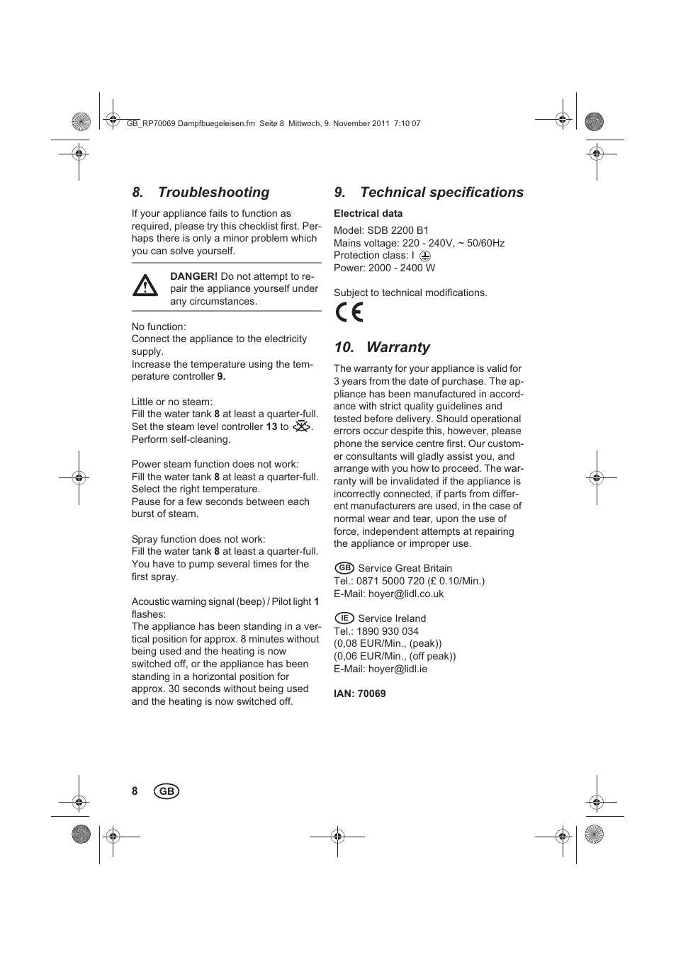 Troubleshooting, Technical specifications, Warranty | Silvercrest SDB 2200 B1 User Manual | Page 10 / 62