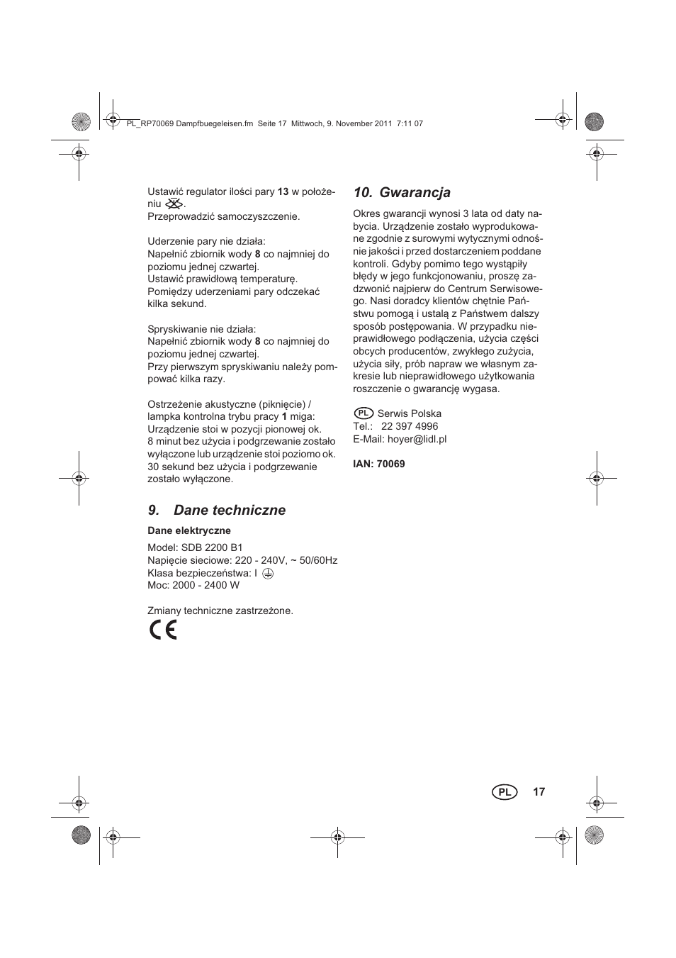 Dane techniczne, Gwarancja | Silvercrest SDB 2200 B1 User Manual | Page 19 / 62