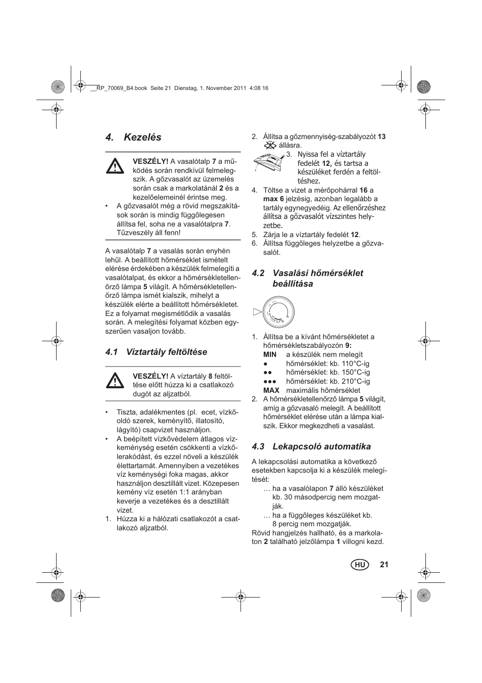 Kezelés, 1 víztartály feltöltése, 2 vasalási hmérséklet beállítása | 3 lekapcsoló automatika | Silvercrest SDB 2200 B1 User Manual | Page 23 / 62