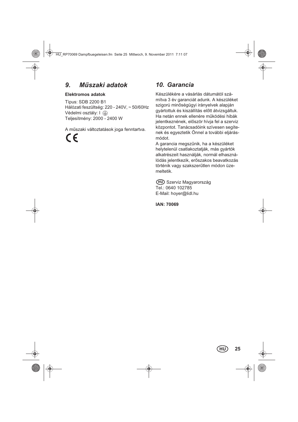 M szaki adatok, Garancia | Silvercrest SDB 2200 B1 User Manual | Page 27 / 62