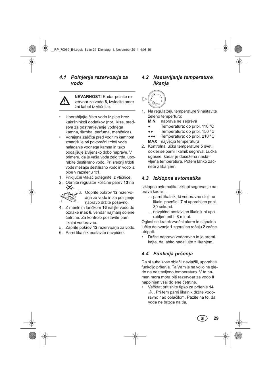 1 polnjenje rezervoarja za vodo, 2 nastavljanje temperature likanja, 3 izklopna avtomatika | 4 funkcija pršenja | Silvercrest SDB 2200 B1 User Manual | Page 31 / 62