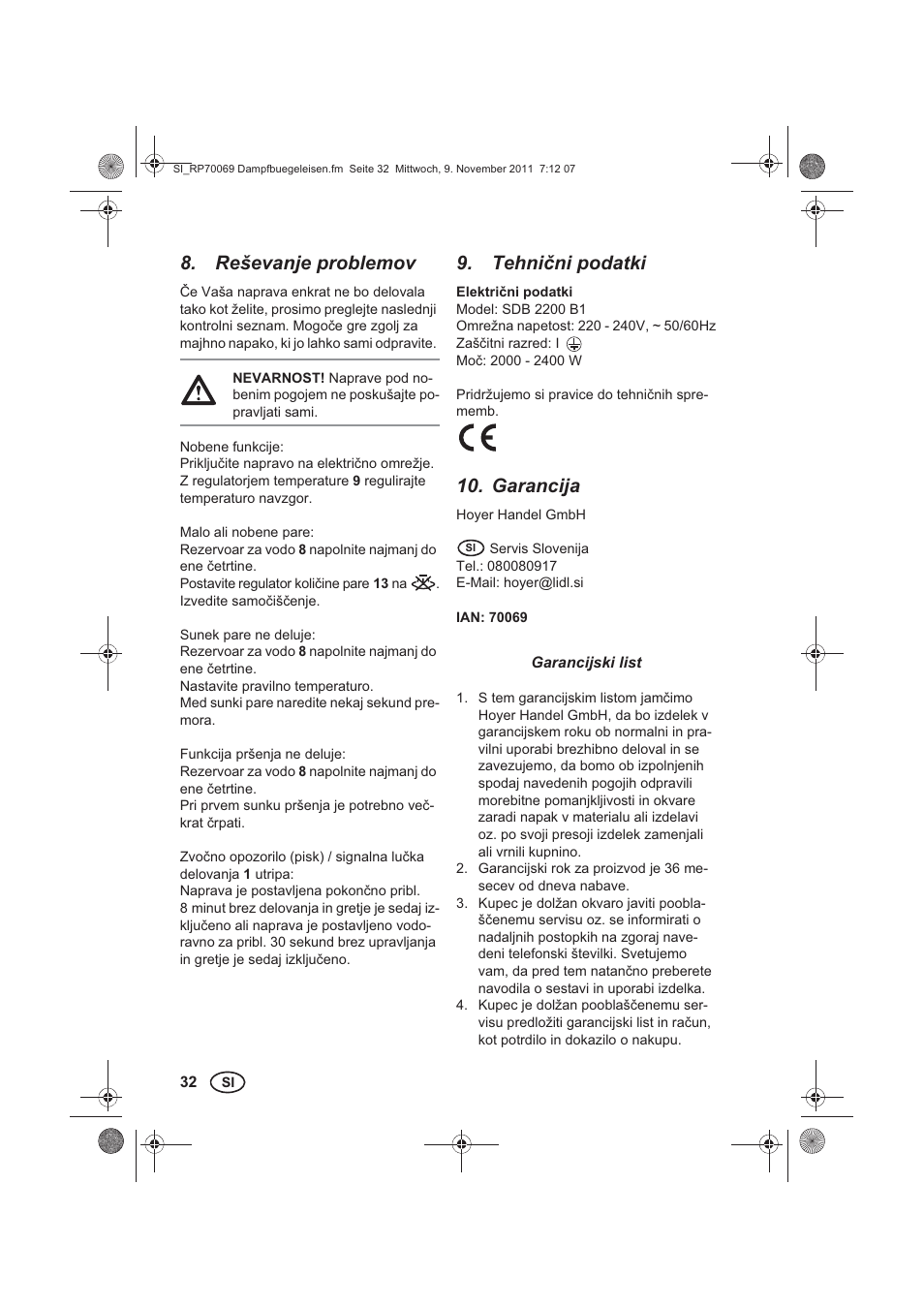 Reševanje problemov, Tehnini podatki, Garancija | Silvercrest SDB 2200 B1 User Manual | Page 34 / 62