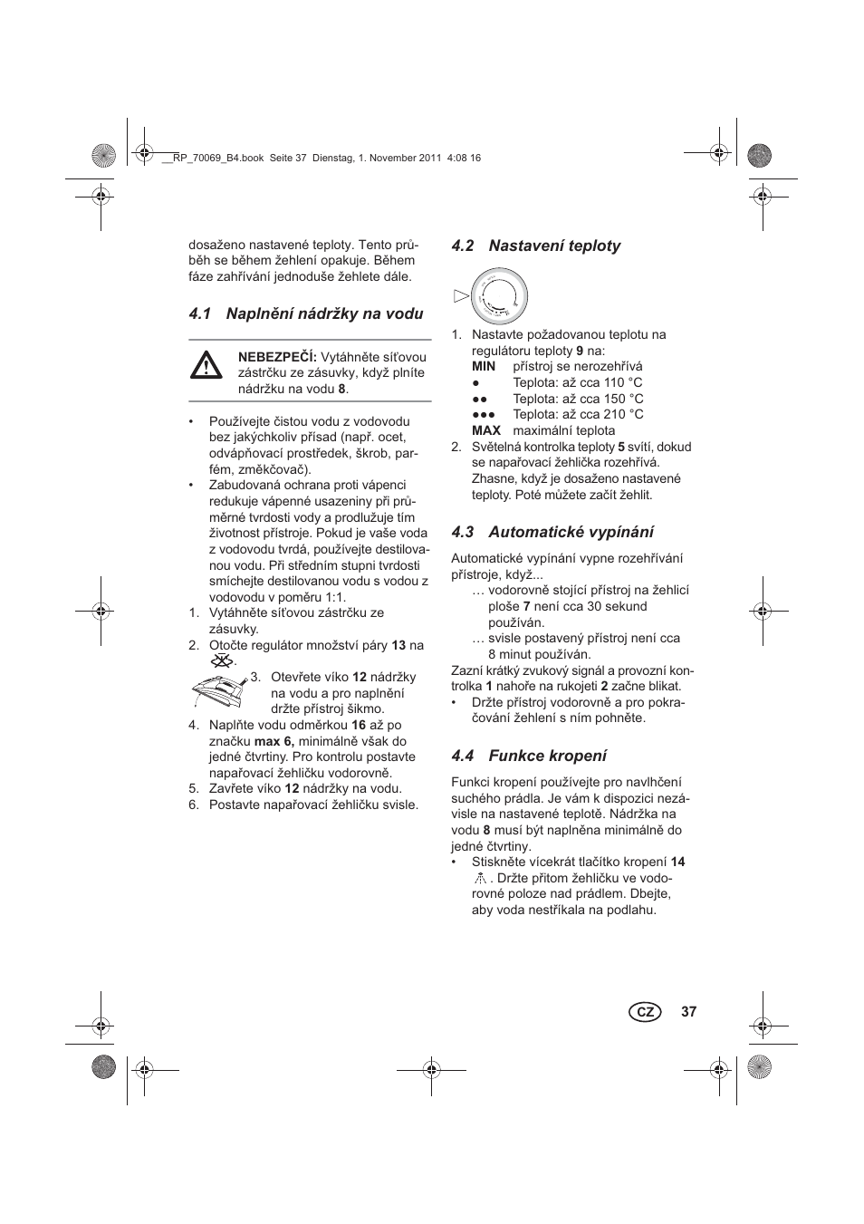 1 naplnní nádržky na vodu, 2 nastavení teploty, 3 automatické vypínání | 4 funkce kropení | Silvercrest SDB 2200 B1 User Manual | Page 39 / 62