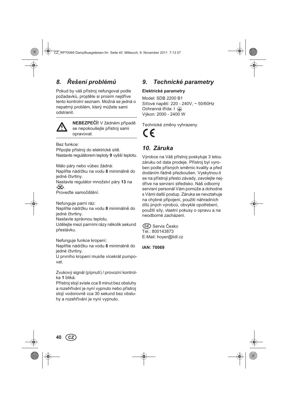 ešení problém, Technické parametry, Záruka | Silvercrest SDB 2200 B1 User Manual | Page 42 / 62